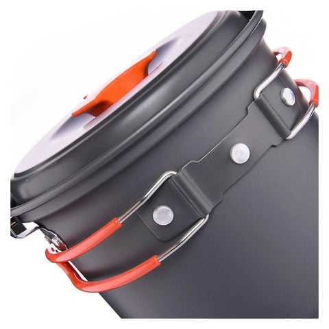 Close-up of Hangable Camping Pot Kitchen Gear For Outdoor Cooking Nonstick Cookware handle and lid design.