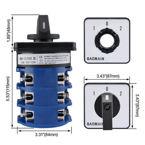 Beefy Heavy Duty Three Phase Rotary Changeover Switch 125A 660V Three Position 1 0 2 With Twelve Terminals Panel Mount