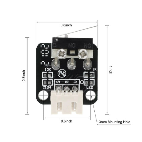 Front view of a micro mechanical 3-pin NO/NC switch with measurements, part of Five Pack Must Have End Stop Limit Switches For 3D Printers.
