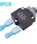 5 Piece 7 Amp Push To Reset Thermal Circuit Breaker Set With Waterproof Button Caps And Quick Connect Terminals 125 250V AC And 32V DC Single Pole Overload Protector Switches For Home Marine And DIY Electronics, 5PCS breaker