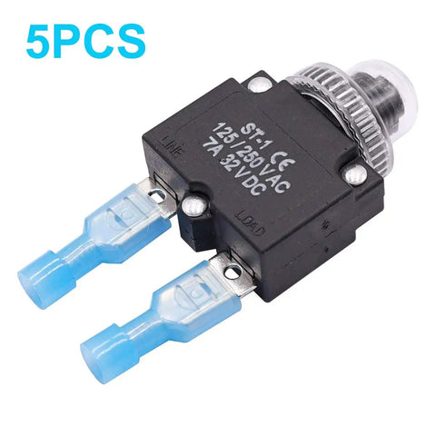 5 Piece 7 Amp Push To Reset Thermal Circuit Breaker Set With Waterproof Button Caps And Quick Connect Terminals 125 250V AC And 32V DC Single Pole Overload Protector Switches For Home Marine And DIY Electronics, 5PCS breaker