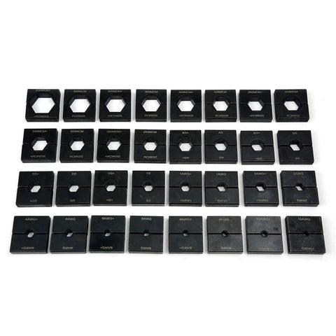 32 die sets from the Hydraulic Cable Lug Crimper TH0005 V2.0 11 Ton Crimp Tool Kit For 10 AWG To 600 MCM Wires