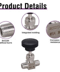Product details of Dialed In Needle Valve NPT 1/4 Inch Male Thread Flow Control Valve, 304 Stainless Steel, showing smooth surface and molding.