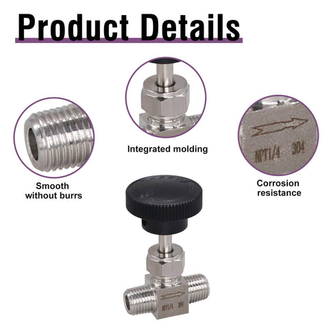 Product details of Dialed In Needle Valve NPT 1/4 Inch Male Thread Flow Control Valve, 304 Stainless Steel, showing smooth surface and molding.