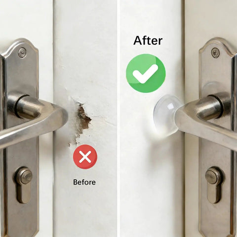 16 Pack Clear Door Handle Bumpers And Cabinet Silencers With Strong 3M Self Adhesive Sticky Wall Protectors That Slap Right On To Knock Out Rattling And Keep Things Quiet before and after installation comparison.