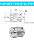 Technical diagram and photo of 2 Pack Aluminum Alloy Shaft Couplers For Stepper Motors 6.35mm To 12mm 30mm Length 25mm Diameter