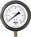 Liquid Filled Industrial Pressure Gauge With Four Inch Dial And Brass Internals In A 304 Stainless Steel Case Heavy Duty Single Scale Zero To Sixty Psi One Point Five Percent Accuracy One Quarter Inch NPT Bottom Mount Glycerin Filled