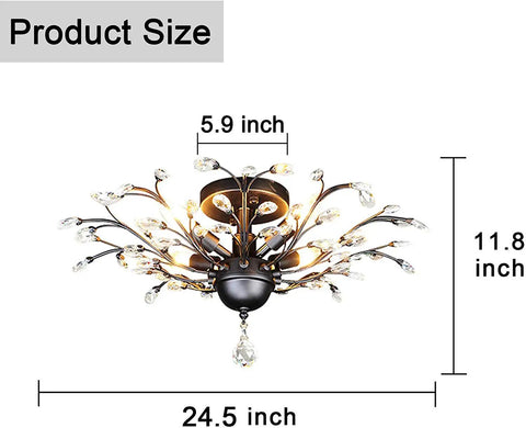 Dimensions of Three Light Vintage Crystal Branch Chandeliers Black Finish Farmhouse Hanging Pendant Fixture