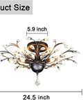 Black Crystal Branch Flush Mount Chandelier With 4 Lights, 24.5 Inch Diameter, showing dimensions and K9 crystal details