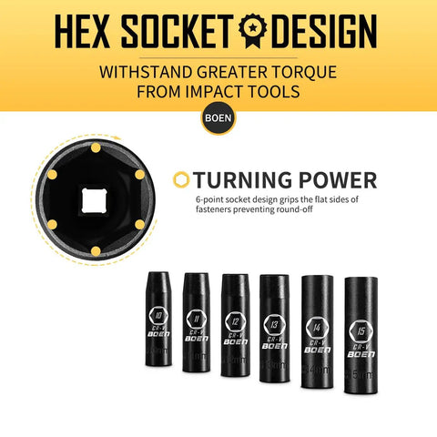 One Half Inch Drive Deep Impact Socket Set, 20 Piece CR V Steel Metric Sockets 10mm Through 24mm with hex socket design