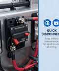 Built Tough 50A Circuit Breaker With Manual Reset Inline Power Switch Hella Rugged Zinc Alloy Fuse Holder close-up with red wires.