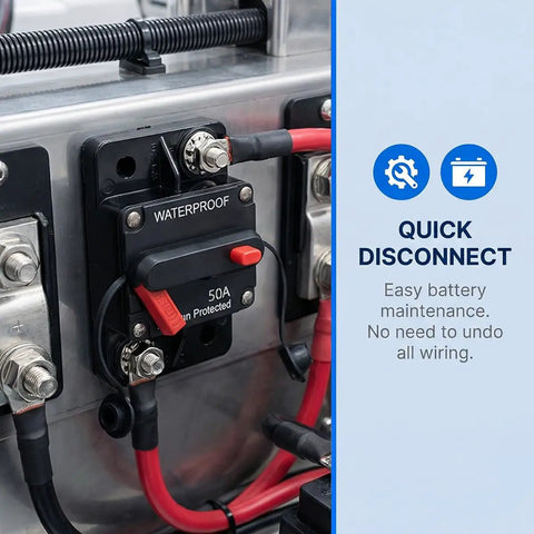Built Tough 50A Circuit Breaker With Manual Reset Inline Power Switch Hella Rugged Zinc Alloy Fuse Holder close-up with red wires.