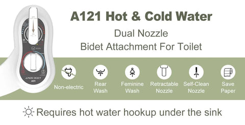 A121 Hot And Cold Water Bidet Attachment For Toilet Seat With Dual Nozzle And Rear And Feminine Wash Self Cleaning Non Electric