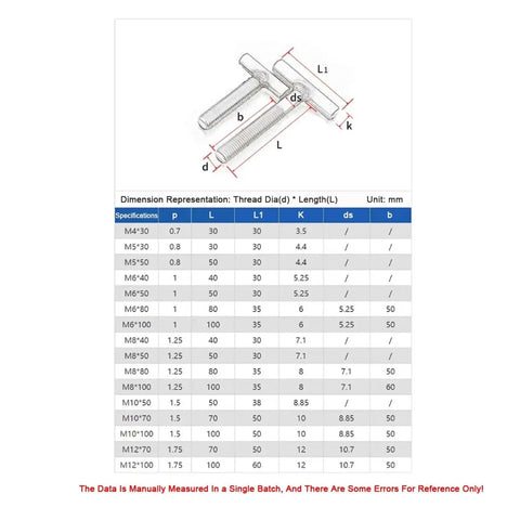 304 Stainless Steel Cylindrical Welding T Shaped Screws Set For Metalworking M4 M5 M6 M8 M10 M12 sizes diagram with specifications