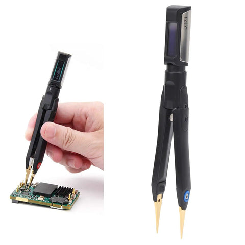 DT71 Precision Digital Tweezers With Automatic Measurement And 360 Degree Rotating Screen For SMD And PCB Repair, in use.