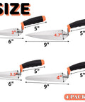 4 Pack Pro Grade Masonry Hand Tools Set with 6 Inch Pointing and 9 Inch Gauging Trowels, rubber grip handles, size dimensions shown
