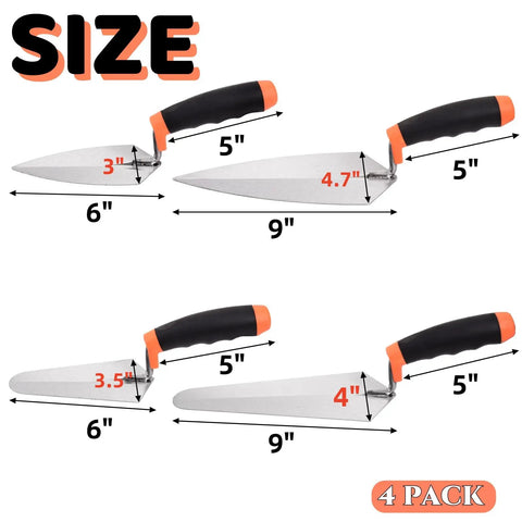 4 Pack Pro Grade Masonry Hand Tools Set with 6 Inch Pointing and 9 Inch Gauging Trowels, rubber grip handles, size dimensions shown