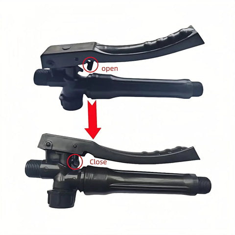 Black Three Piece Replacement Sprayer Handle Kit for Wand and Trigger Sprayers, 175mm long, open and closed position views