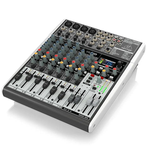 XENYX X1204USB Premium 12-Input 2/2-Bus Mixer With Ultra-Low Noise Mic Preamps, visible controls and connectors, angled view