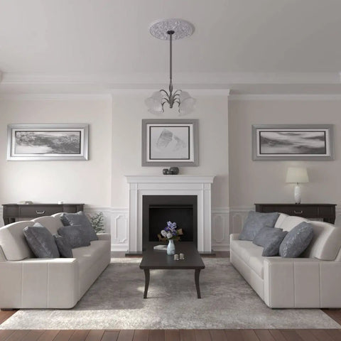 Living room with Bailee Ceiling Medallion 31 And 1 Quarter Inch By 2 And 1 Quarter Inch Ultra Pure White Lightweight Round Ceiling Decor visible