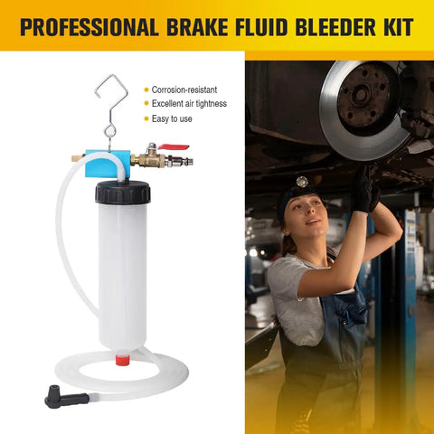 Vacuum Brake And Clutch Fluid Extractor Kit With 300Ml Capacity And 71 Inch Hose, mechanic using bleeder tool on car brakes
