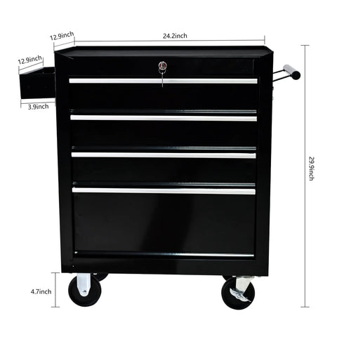 Heavy Duty Rolling Tool Chest With Four Top Shelf Drawers And Secure Locking Mechanism Rock Tough Steel Shop Organizer For Garage Crew Pro Grade Mechanics Storage Black, 24.2x12.9x29.9 inches dimensions.
