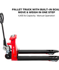 Side view of a red Pallet Jack With Built In Digital Scale 4400 Lb Capacity 27 Inch By 48 Inch Forks Manual Pallet Truck For Warehouse And Retail Move And Weigh In One Step.