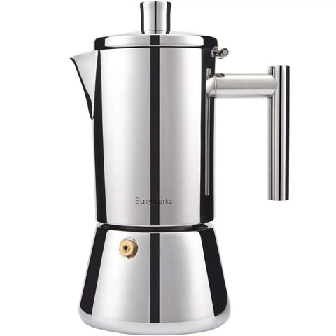 Heavy Gauge Stainless Steel Stovetop Espresso Maker And Legit Italian Moka Pot For 4 Cups with insulated handle and sleek design.
