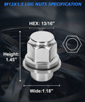 M12x1.5 Chrome Acorn Lug Nuts Set 20 Pieces Heavy Duty Wheel Nuts dimensions with hex, height, and width details.