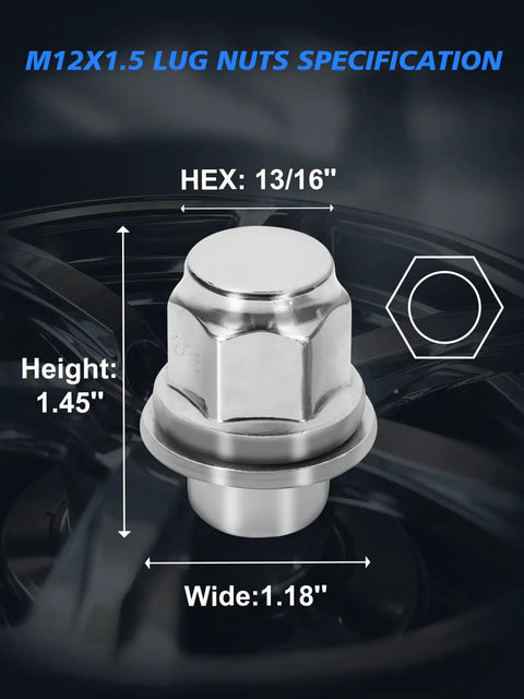 M12x1.5 Chrome Acorn Lug Nuts Set 20 Pieces Heavy Duty Wheel Nuts dimensions with hex, height, and width details.