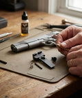 Installation tools and Beefed Up Battlesight Rear Sight for Colt Python Anaconda With Serrated Blade and Square Notch on workbench