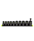 Ten-piece Three Eighths Inch Drive Metric Socket Extractor Set on aluminum rail for loosening broken studs and stripped bolts