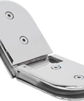 Beefy 135 Degree Door Hinges For 8 To 12mm Glass, gate clamp, mirror finish, hex screws visible, side view