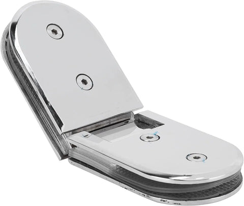 Beefy 135 Degree Door Hinges For 8 To 12mm Glass, gate clamp, mirror finish, hex screws visible, side view