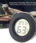 Six Pack Mini Hygrometer Thermometer Digital LCD Humidity And Temperature Monitor For Indoor Outdoor Use In Greenhouses And Reptile Enclosures Reads Fahrenheit Or Celsius Super Handy And Easy To Read. black round digital hygrometer on reptile enclosure display