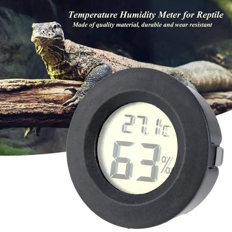 Six Pack Mini Hygrometer Thermometer Digital LCD Humidity And Temperature Monitor For Indoor Outdoor Use In Greenhouses And Reptile Enclosures Reads Fahrenheit Or Celsius Super Handy And Easy To Read. black round digital hygrometer on reptile enclosure display