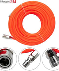 Built Tough Air Compressor Hose With Polyurethane Tubing And C Type Quick Connect Fittings Flexible Pneumatic Air Line For Workshop Tasks And Tire Inflation Plug And Play Setup, 5M long in vibrant orange.