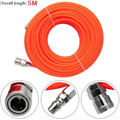 Built Tough Air Compressor Hose With Polyurethane Tubing And C Type Quick Connect Fittings Flexible Pneumatic Air Line For Workshop Tasks And Tire Inflation Plug And Play Setup, 5M long in vibrant orange.