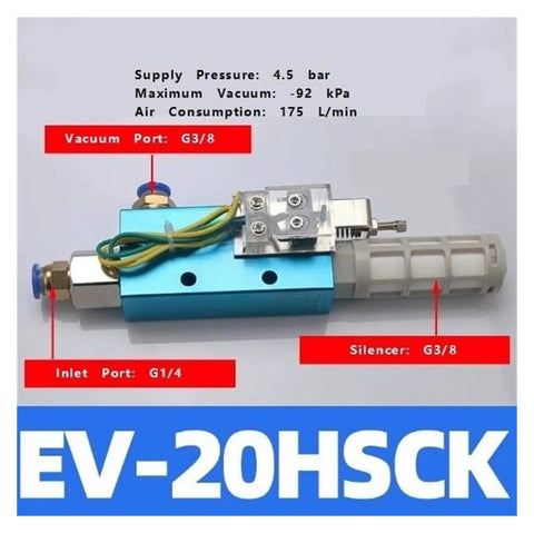 Heavy Duty Vacuum Generator With Built In Detection Switch EV-20HSCK, compact blue unit with ports for air connections.