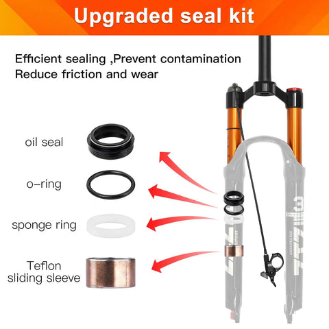 Lightweight 120mm Travel Air Suspension Fork For XC And AM Mountain Bikes One Eighth Inch Straight Steerer Quick Release 9mm X 100mm Manual And Remote Lockout Rebound Adjustable Front Fork Trail Ready with upgraded seal kit components.