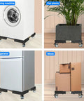 KUPAPO Adjustable Appliance Dolly Cart With Locking Wheels For Mini Fridge Portable Washer Dryer Universal Mobile Roller Stand, showcasing its use with a washing machine, refrigerator, pot plants, and moving boxes.
