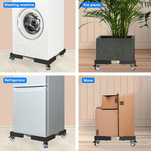 KUPAPO Adjustable Appliance Dolly Cart With Locking Wheels For Mini Fridge Portable Washer Dryer Universal Mobile Roller Stand, showcasing its use with a washing machine, refrigerator, pot plants, and moving boxes.