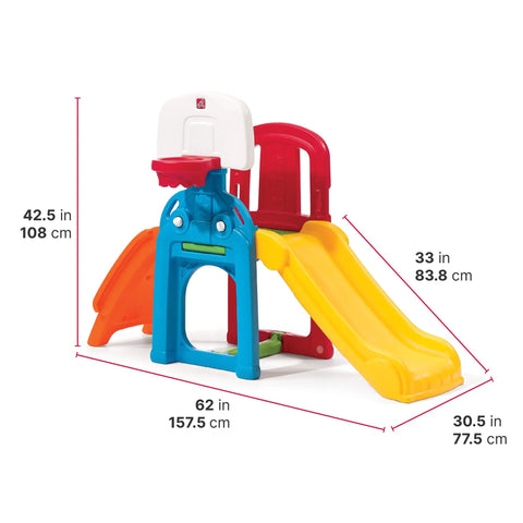 Kids Indoor Outdoor Playset With Slide Climbing Wall Basketball Hoop And Jungle Gym For Toddlers Aged 2 To 6 Years Old Backyard Playground All In One Fun, showing colorful playset dimensions