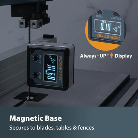 Rock Solid Digital Angle Gauge For Woodworking And Table Saws Handheld Protractor Level Box With Dead On Precision showing magnetic base on a saw.