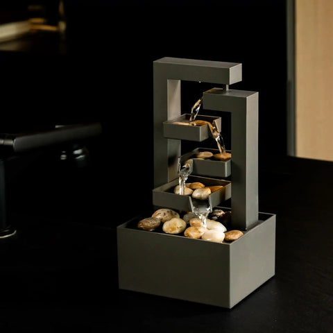 Small Desktop Waterfall Fountain 9.65 Inches For Desk Zen Vibes And Relaxation, 3 Tier Stone Water Feature With Natural Stones