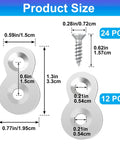 Rock Solid Figure 8 Table Top Fasteners With Screws, Hella Durable Heavy Duty Steel Desk Connectors showing sizes and specifications.