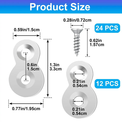 Rock Solid Figure 8 Table Top Fasteners With Screws, Hella Durable Heavy Duty Steel Desk Connectors showing sizes and specifications.