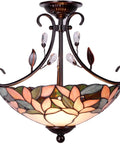 Pink Wisteria Tiffany Style Stained Glass Semi Flush Mount Ceiling Light With Close To Ceiling Design, 14in wide, handmade fixture