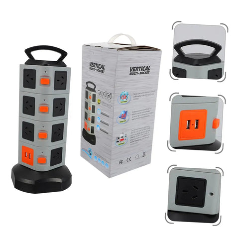 Heavy Duty Usb Power Strip With Secure Outlet Protectors Multi Port Smart Charger Fireproof Build showing vertical design and USB ports.
