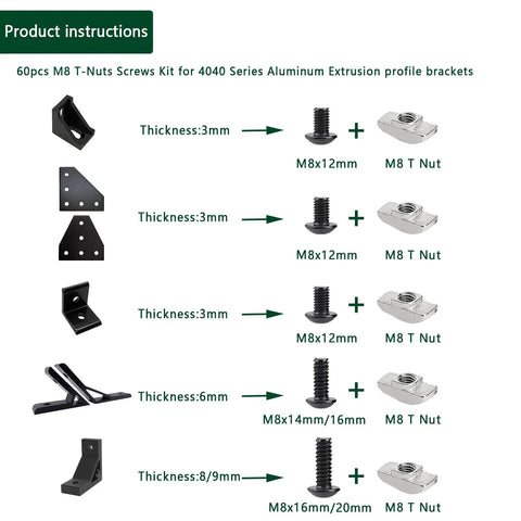Product instructions for 60Pcs 4040 Aluminum Extrusion Hardware Kit With M8 T Nuts And Screws For 10mm T Slot Rail includes diagrams.
